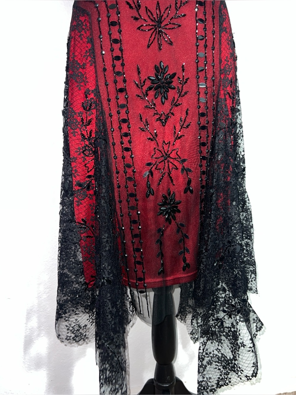 Vintage Caché Black Lace Beaded Mesh Red Slip Dress - Whimsigoth  Women’s Sz 8 - Picture 10 of 15